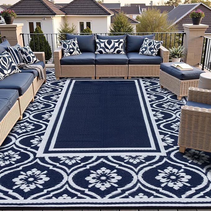 HUGEAR Patio Rug 10'x14' Waterproof Outside Area Rugs Reversible Blue Outdoor Plastic Straw Carpet for RV Deck Camping Entryance Porch Picnic Balcony Beach
