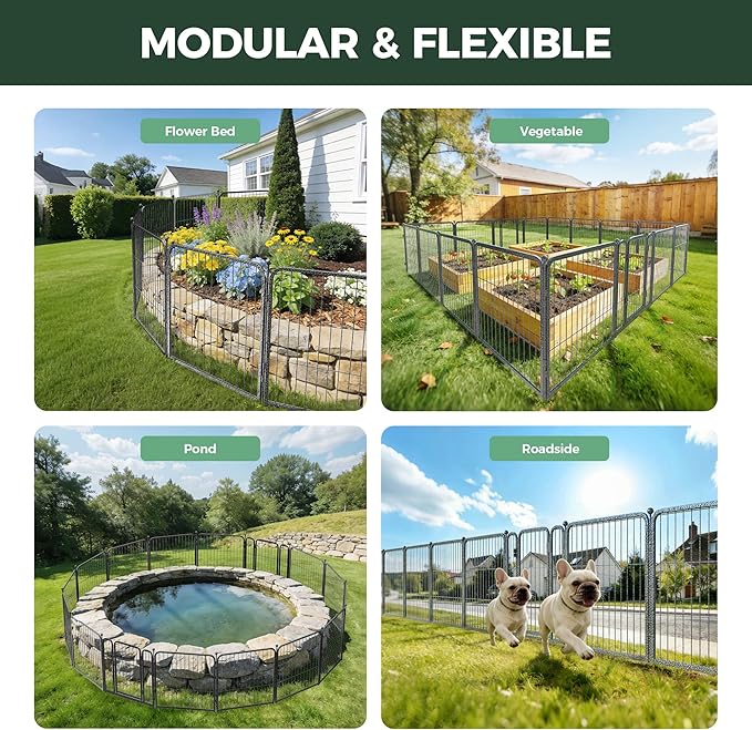 FXW Garden Fence Outdoor for the Yard – 24in(H) x 60.9ft(L) Heavy Duty Metal Animal Barrier for Dog, No Dig Decorative Dog Fence, 32 Panels, Silver