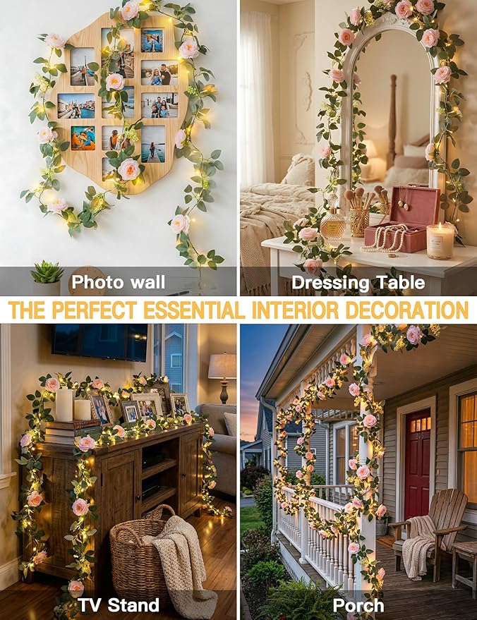 suddus Flower Garland with Pink Camellia Fairy Lights Indoor, 60 LED Vines