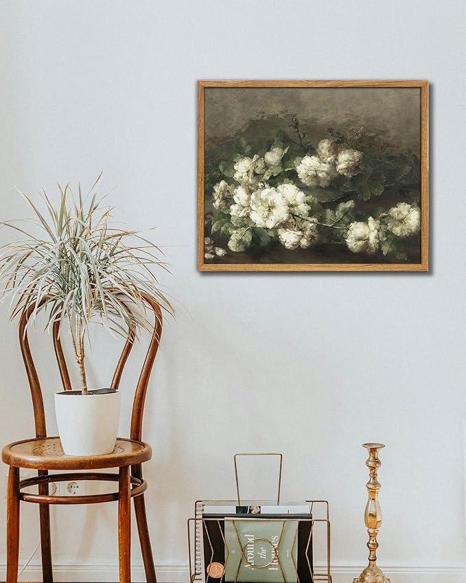 UPWOIGH 16x24 in Large Framed Wall Art, Cream White Roses Bouquet Oil Painting Canvas, Vintage Floral Botanical Still Life Print, Retro Moody Wall Decor for Living Room Bedroom, 1 Pack Gift