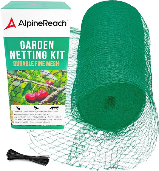 AlpineReach Garden Netting 7.5 x 65 ft Heavy Duty Bird Net, Deer, Plant Protection Extra Strong Woven Mesh, Reusable Kit with Zip Ties, Animal Fencing for Fruits Trees, Green