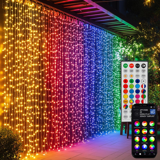 Dazzle Bright 300 LED RGB Color Changing Curtain String Lights with Remote & APP Control, Waterproof, Model CL-300CC