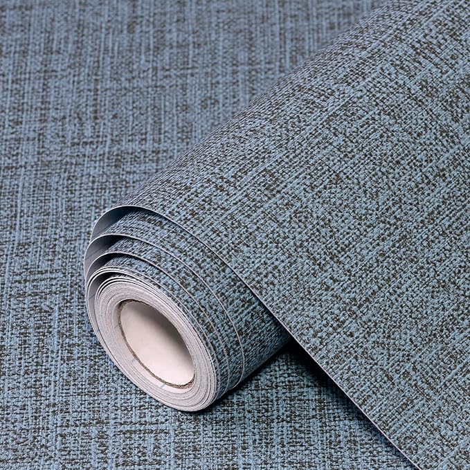 Blue Gray Grasscloth Peel and Stick Wallpaper 17.3"x480" Faux Linen Textured