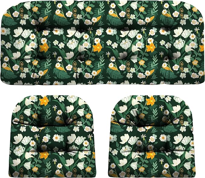 DANGHOOGY Wicker Chair Cushions, Waterproof Outdoor Loveseat Cushions for Patio Furniture, Tufted Wicker Furniture Cushions, 1 Loveseat and 2 U-Shaped Cushions (Green Floral)