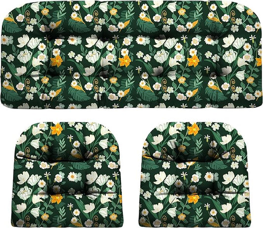 DANGHOOGY Wicker Chair Cushions, Waterproof Outdoor Loveseat Cushions for Patio Furniture, Tufted Wicker Furniture Cushions, 1 Loveseat and 2 U-Shaped Cushions (Green Floral)