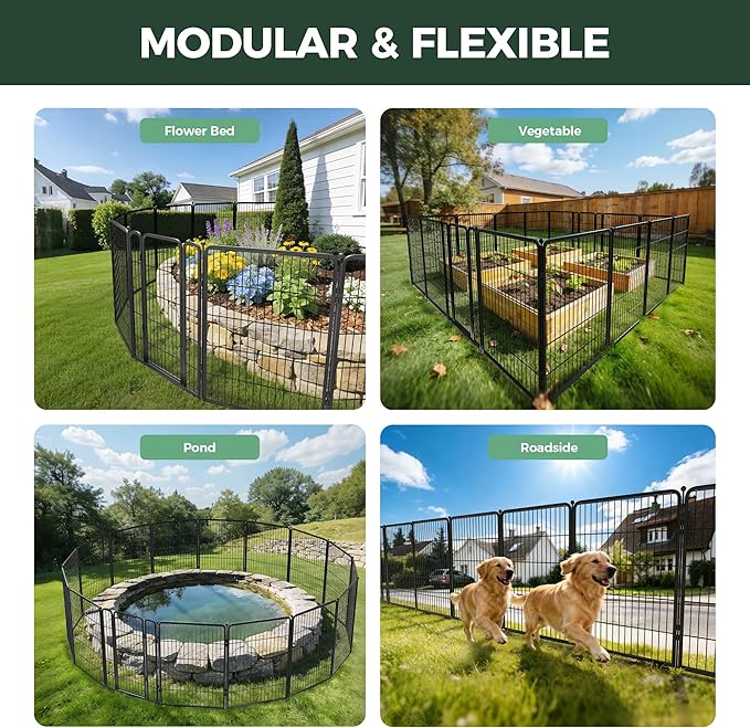 FXW Garden Fence Outdoor for the Yard – 40in(H) x 13.6ft(L) Heavy Duty Metal Animal Barrier for Dog and Rabbit, Decorative Dog Fence, 6 Panels, Black