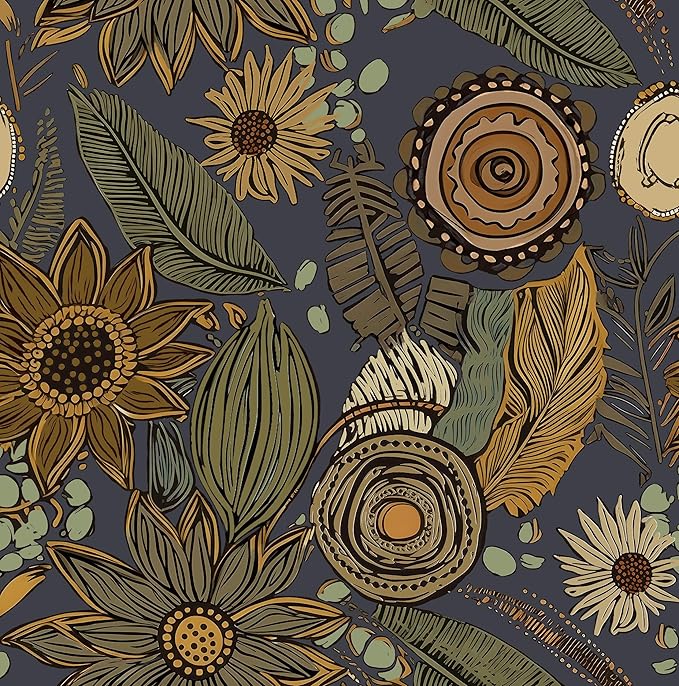 Boho Wallpaper Peel and Stick, Vintage Blue Yellow Floral Contact Paper