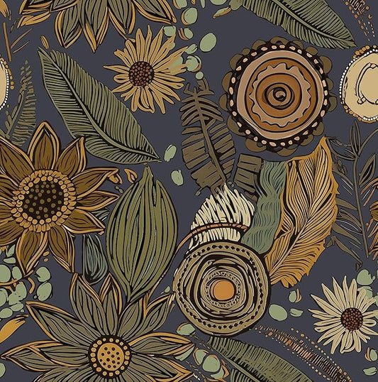 Boho Wallpaper Peel and Stick, Vintage Blue Yellow Floral Contact Paper 17.5" x