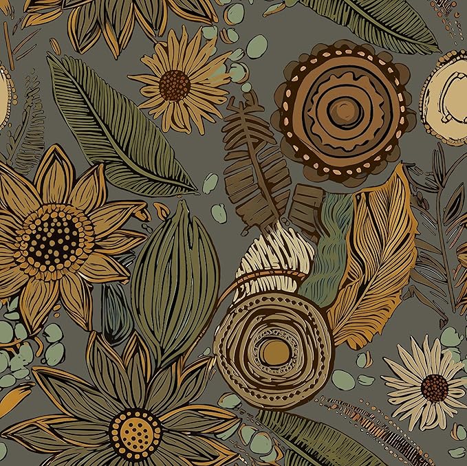 Grey Boho Wallpaper Peel and Stick, Vintage Yellow Green Floral Contact Paper