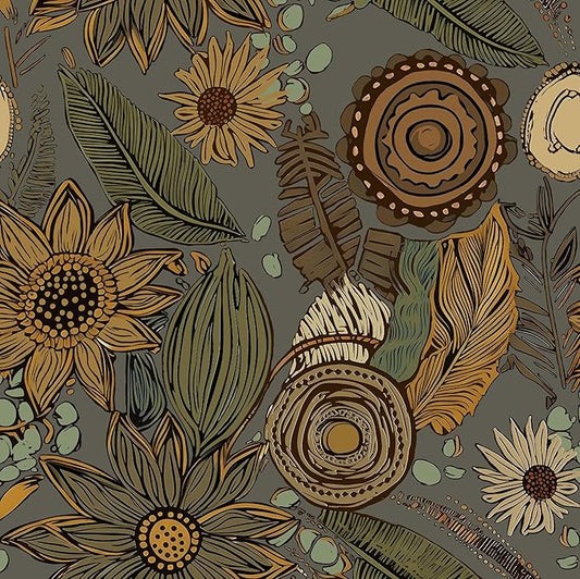 Grey Boho Wallpaper Peel and Stick, Vintage Yellow Green Floral Contact Paper
