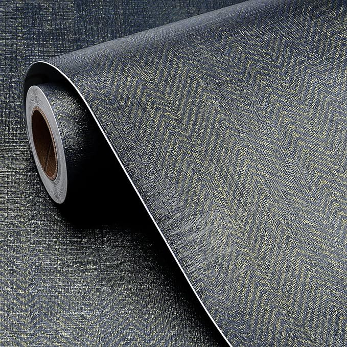FunStick Gold Navy Blue Grasscloth Wallpaper Peel and Stick Wallpaper Textured