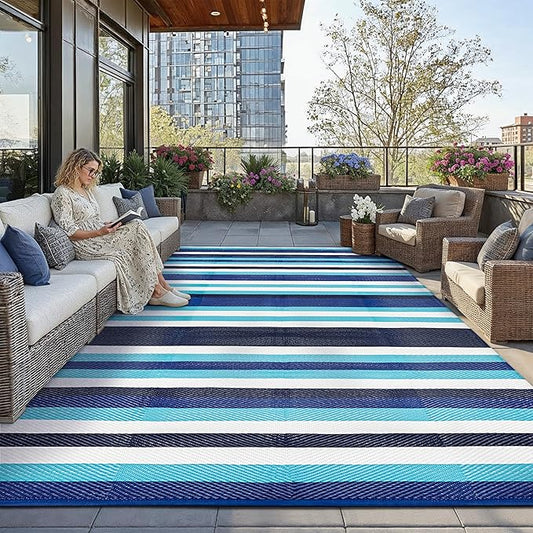 HUGEAR Outdoor Waterproof Rug 10'x14' Plastic Straw Rugs Washable Reversible Floor Mat Blue Stripe Carpet for Camping RV Deck Entryance Porch Picnic Balcony Beach Backyard