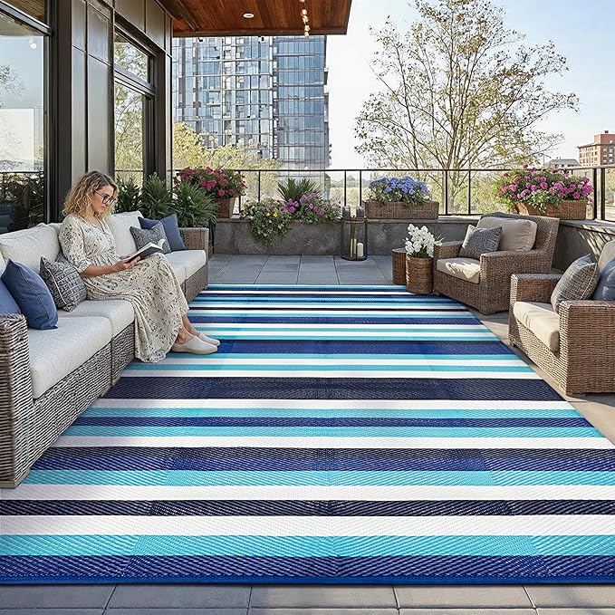 HUGEAR Outdoor Waterproof Rug 8'x10' Plastic Straw Rugs Washable Reversible Floor Mat Blue Stripe Carpet for Camping RV Deck Entryance Porch Picnic Balcony Beach Backyard