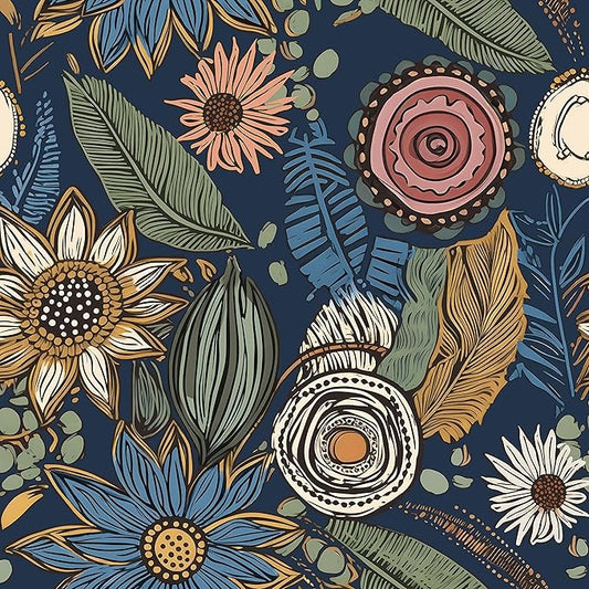 Blue Boho Wallpaper Peel and Stick, Vintage Floral Contact Paper 17.5" x 393.7"