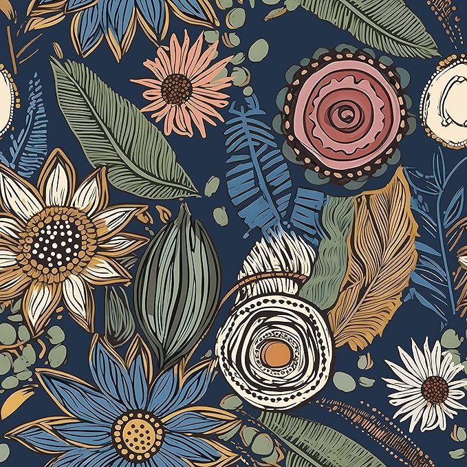 Boho Wallpaper Peel and Stick, Dark Vintage Floral Contact Paper, 17.5" x 197"
