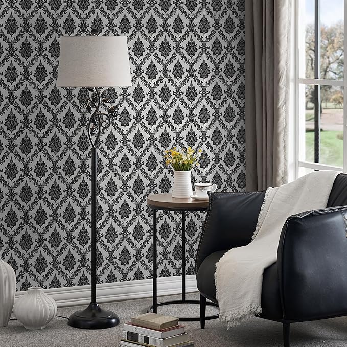 17.7" x 197" Peel and Stick Wallpaper Black Vintage Wallpaper Damask Contact