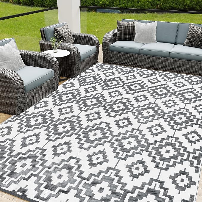 HUGEAR Outdoor Plastic Straw Rug, Waterproof Outdoor Rugs for Patios Clearance, Reversible Area Rug, Large Outside Carpet for Camping, Balcony, RV, Deck, 8x10ft Geometric/Gray&White