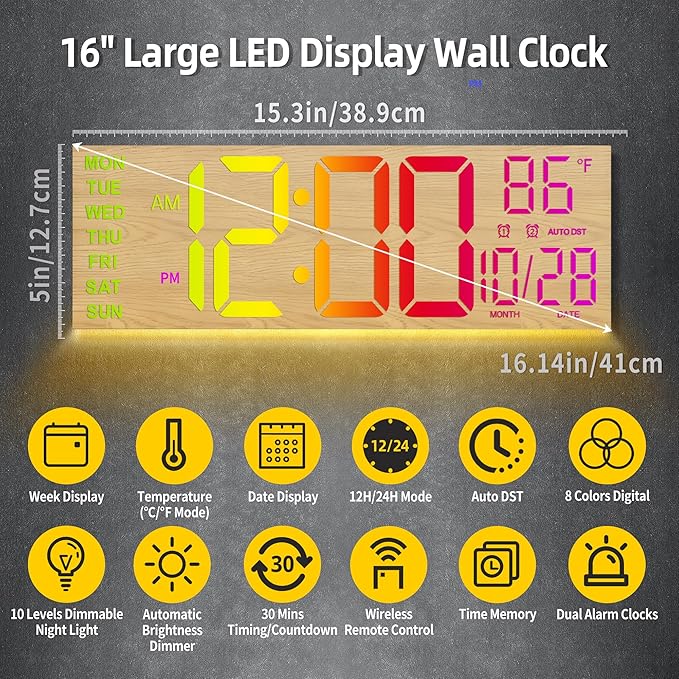 HAITANG 16.2" Large Digital Clock， 8 Colors Decorative Wood Wall Clock