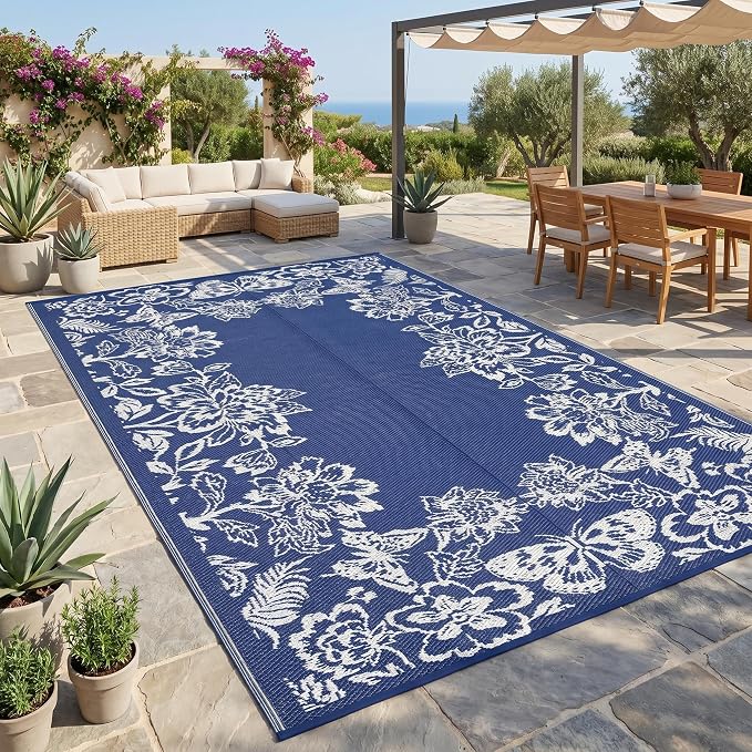 Garvee Outdoor Rugs 9' x 18â Waterproof Reversible Mats, Large Area Plastic Straw Rug, Outside Carpet, Butterfly Floral Rv Mat for Patio Camping Picnic Backyard Deck Balcony Porch Beach Trailer