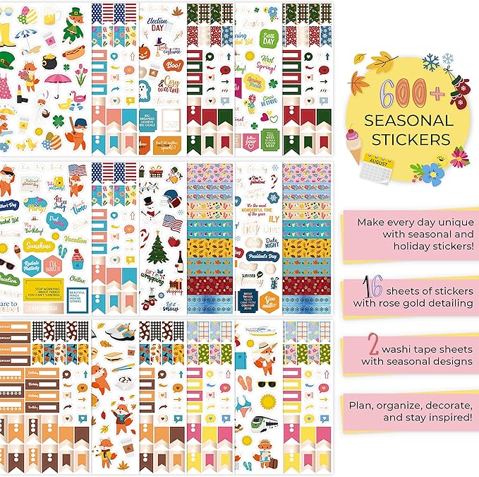 Clever Fox Seasonal Planner Stickers – 600+ Month, Holiday, Washi Tape & Seasons Stickers for Monthly Journal & Calendar – 18 Sheets (Seasonal Pack)