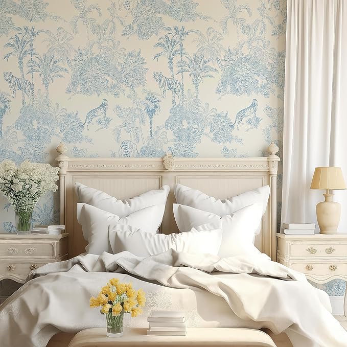 RollsRolla Toile Blue and White Peel and Stick Wallpaper Accent Wall French