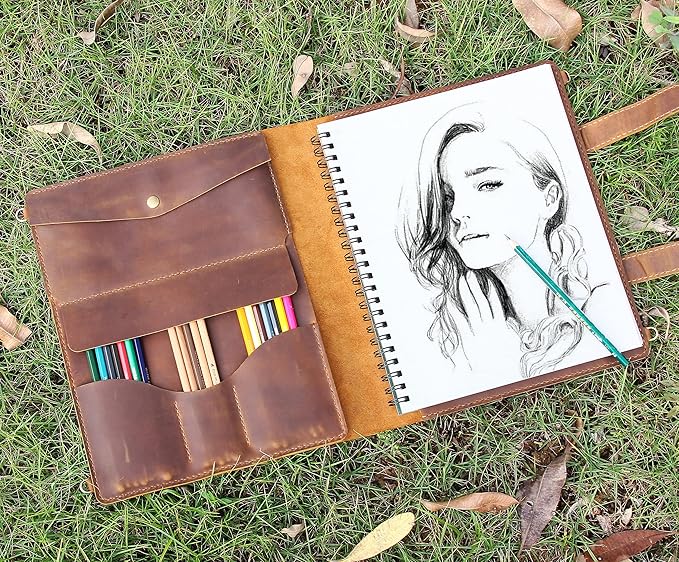 Robrasim Handmade Leather Sketchbook Cover, Artist Sketch Pad Holder for 9"X12" Sketchbook, Drawing Book and Pencil Case, Journal Notebook Portfolio with Shoulder Strap, Artist Gifts, Brown