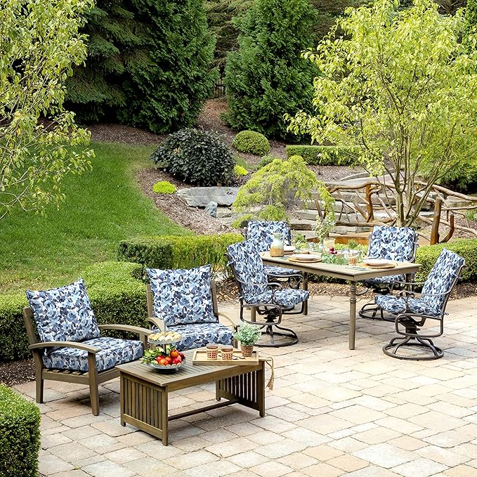 Arden Outdoor Patio Dining Chair Cushion, 20x44, Rain-Proof Seat Pad, Fade-Resistant Outdoor Cushion Blue Garden Floral