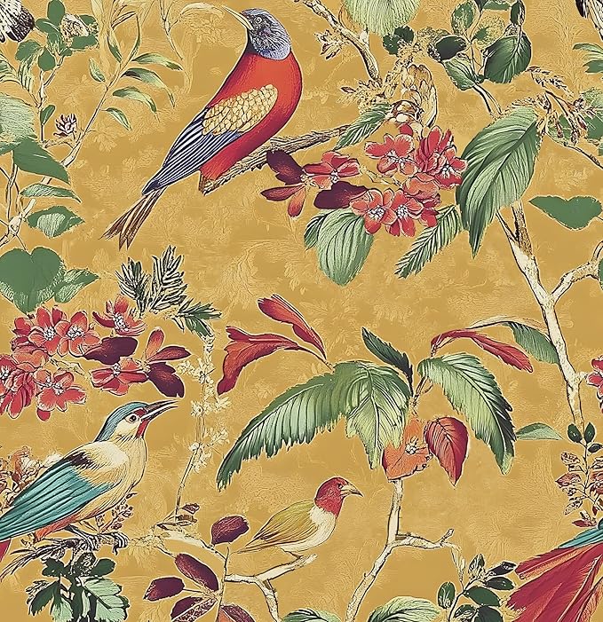 Yellow Boho Wallpaper Peel and Stick, Vintage Floral Bird Contact Paper