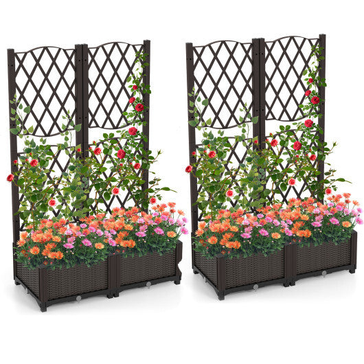 Set of 2 PE Rattan Raised Garden Bed with Trellis Planter Box for Climbing Plants-Rustic Brown