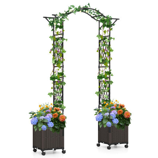 82 x 99 Inch Garden Arch Trellis with 2 Self-Watering Planter Boxes Wheels-Black