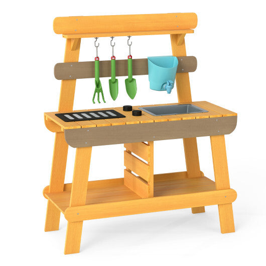 Outdoor Mud Kitchen for Kids Wooden Play Kitchen Toy for Boys Girls Aged 3-8-Yellow