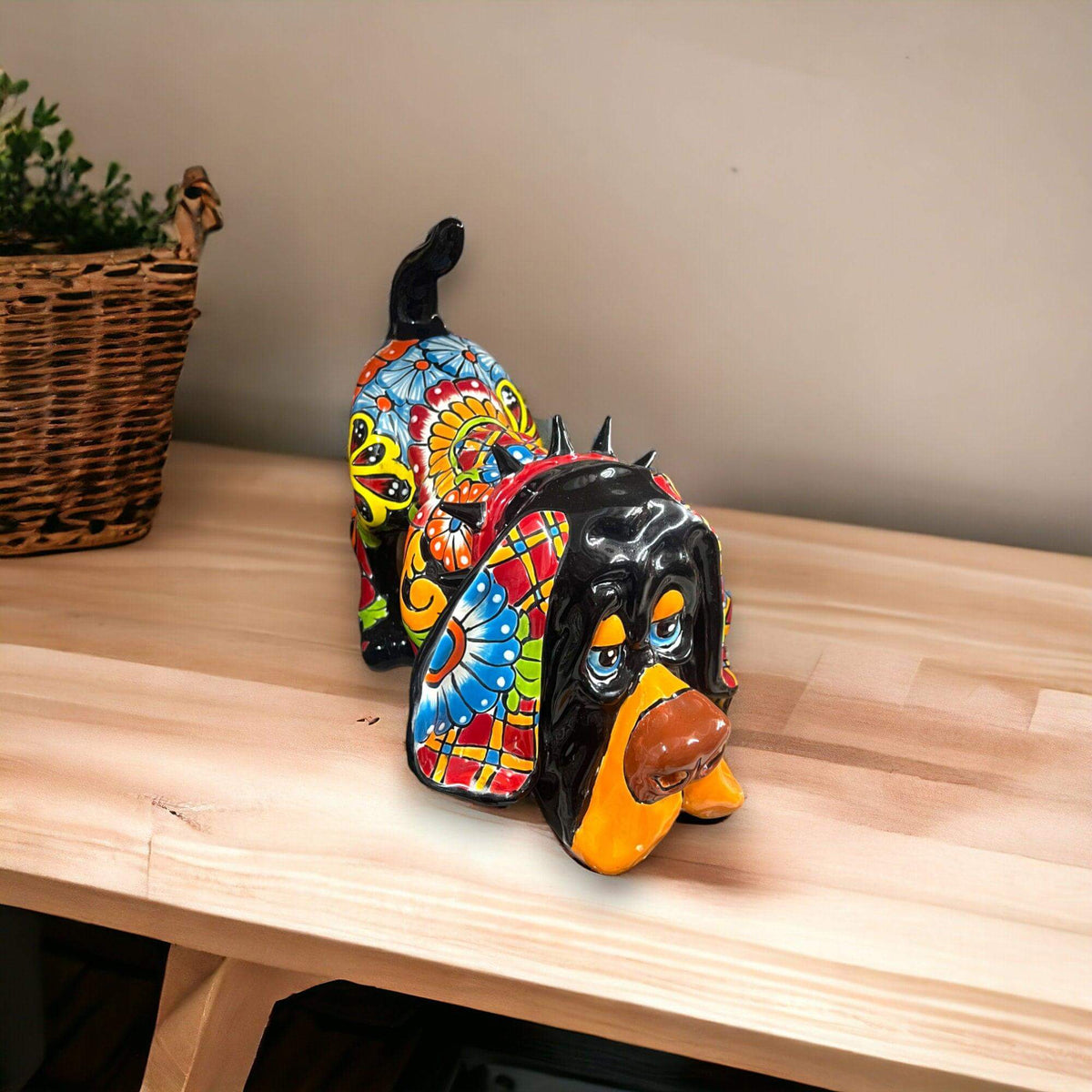 Colorful Talavera Bloodhound Statue | Handcrafted Dog Art (Medium)