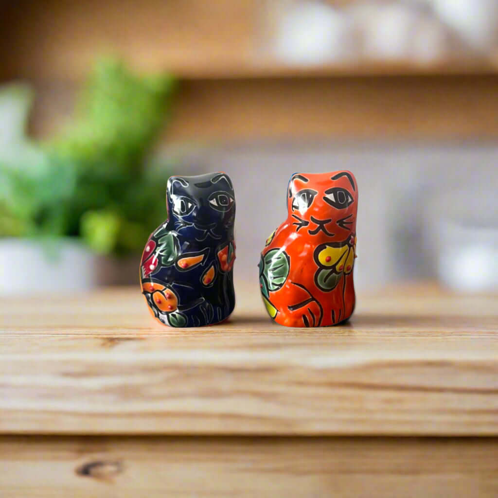 Set of 2 Talavera Cat Statues | Small Handmade Mexican Figurines