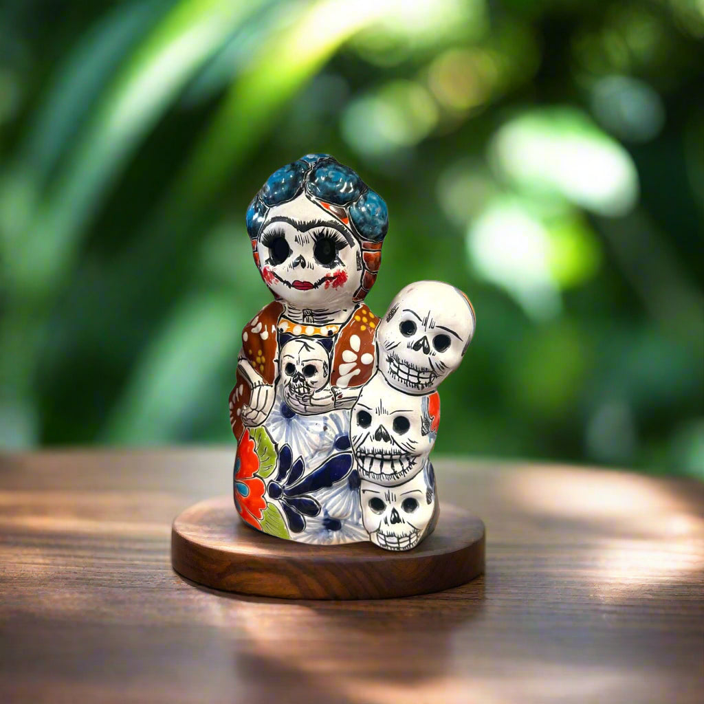 Handcrafted Talavera Frida Statue | Colorful Day of the Dead Calavera Skull Decor