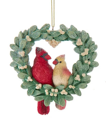 Mistletoe Wreath with Cardinal Couple Ornament