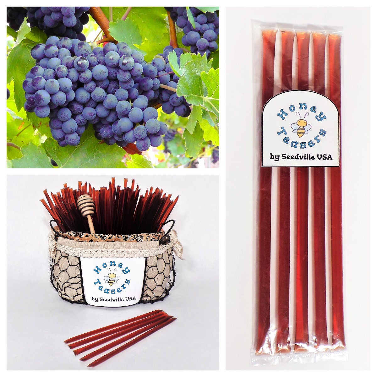 5 Pack GRAPE HONEY TEASERS Natural Honey Snack Sticks Honeystix Straws