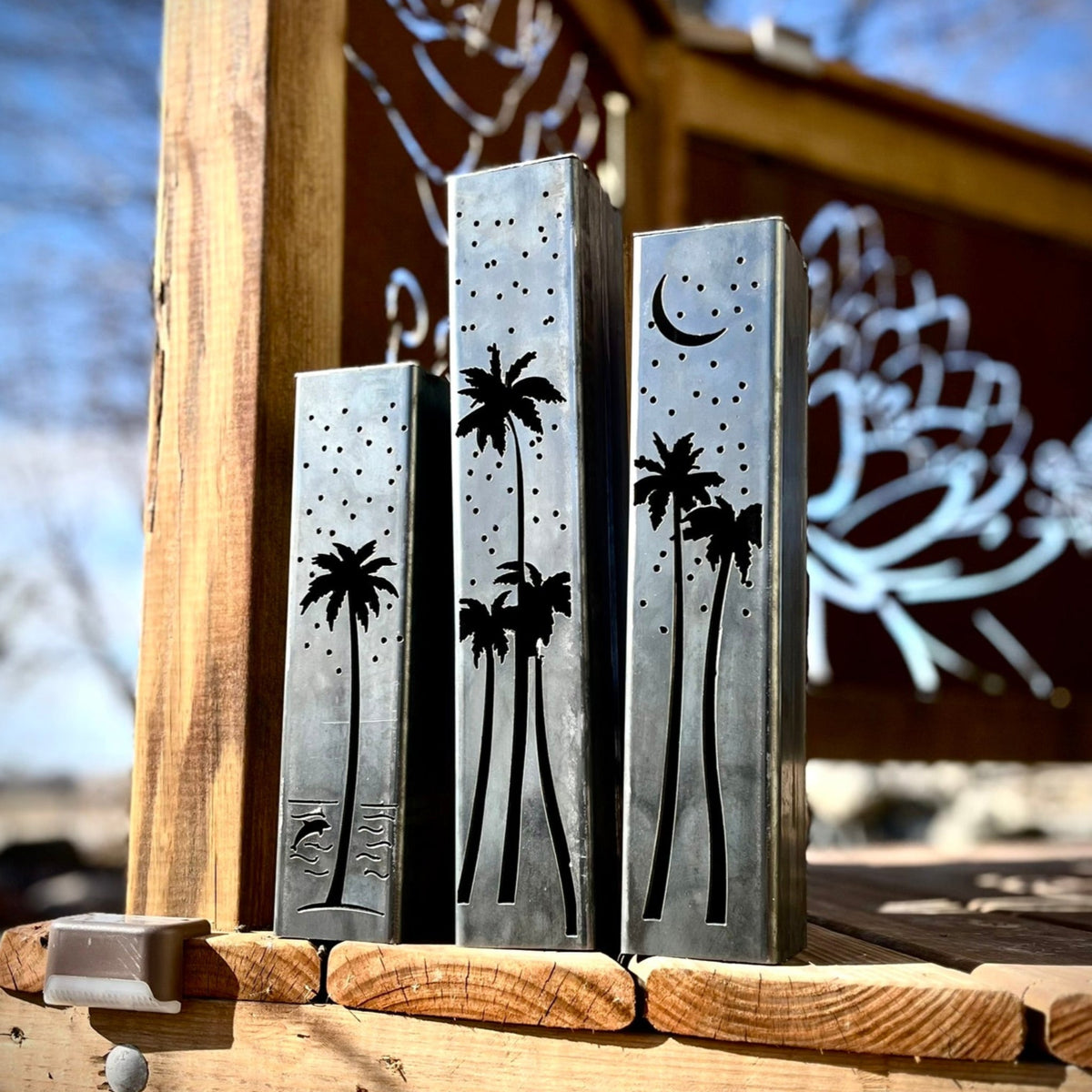 Palm Trees Under the Stars Luminary Pillars w/ Solar Cap