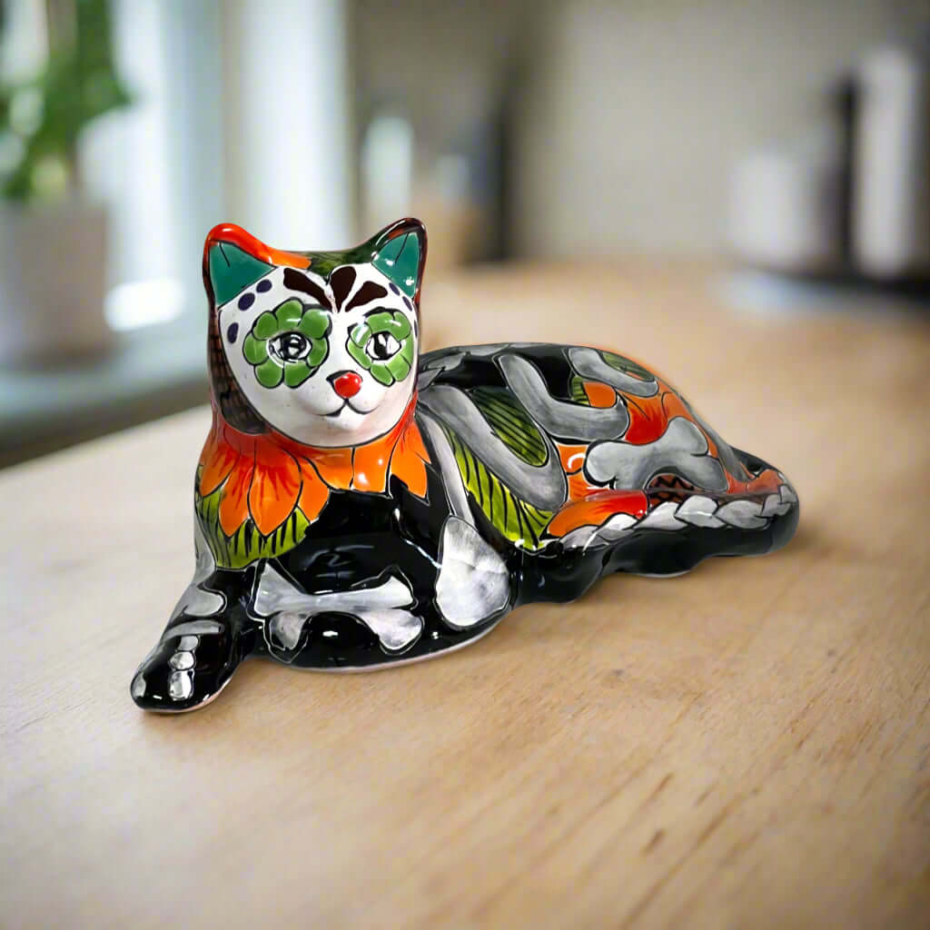 Talavera Cat Statue | Day of the Dead Mexican Ceramic Decor